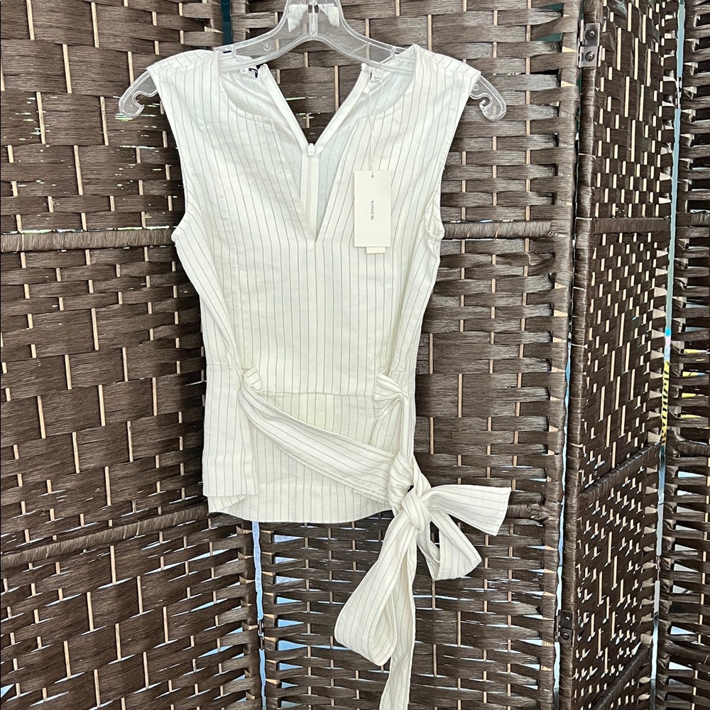 NWT Vince White striped Sleeveless Top with Tie Detail, 00
